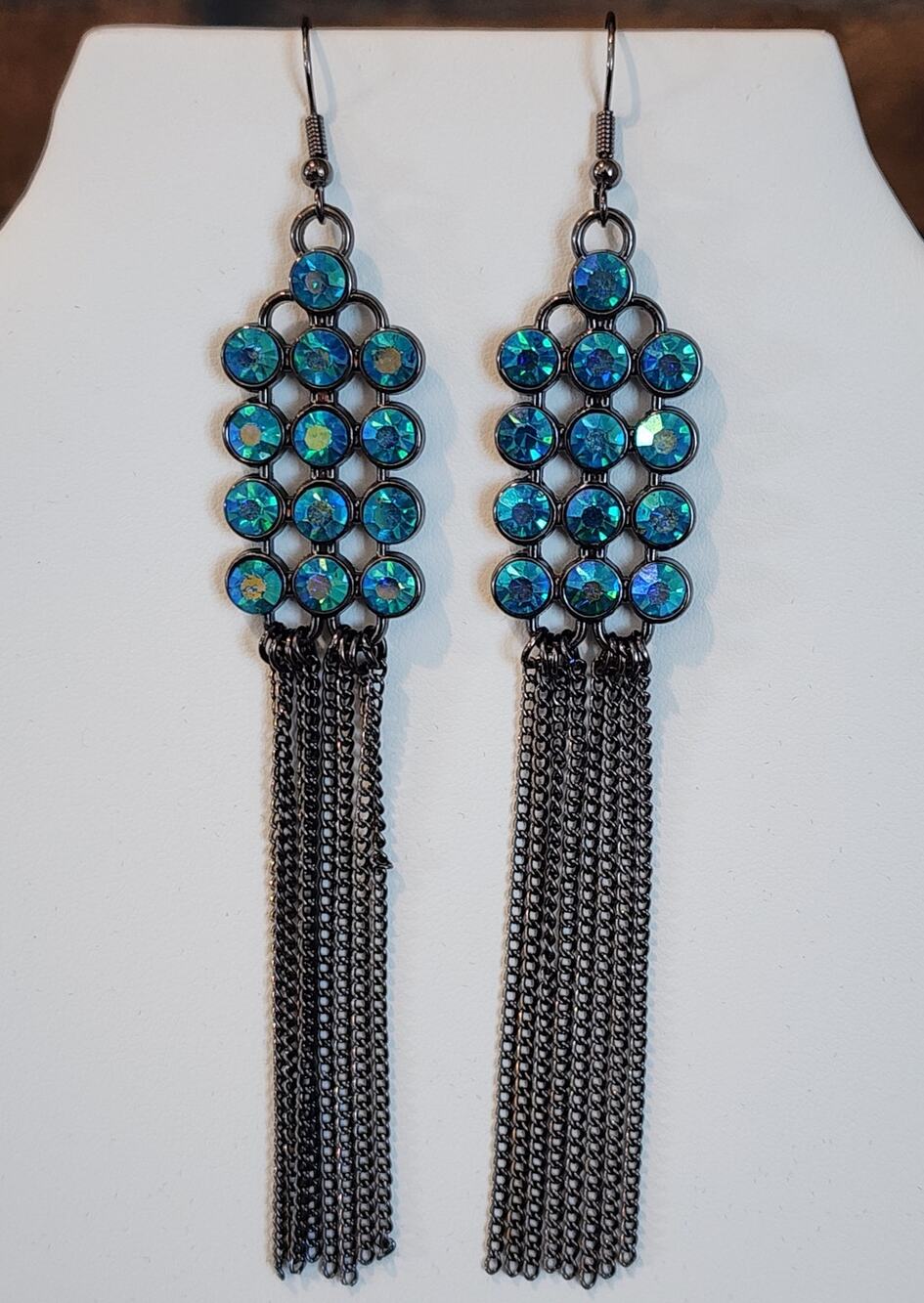 Blue Green Iridescent Oil Spill Rhinestone Earrings Gunmetal Silver Chain Fringe